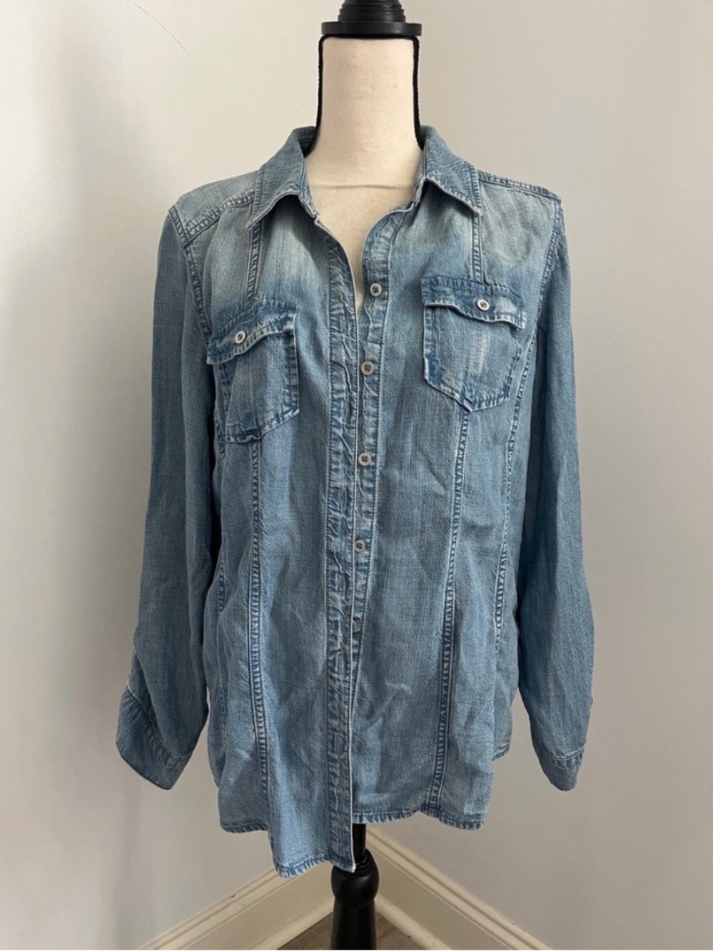 Denim Button Down Shirt Medium Classic Preppy Western Gorpcore Minimalist Blouse